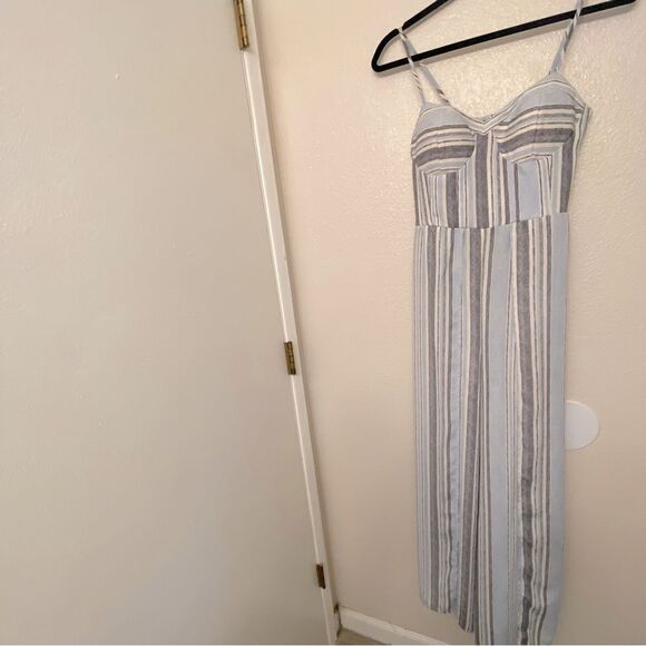 Xhilaration blue vertical stripe split leg jumpsuit corset smocked top suit S - Picture 3 of 14